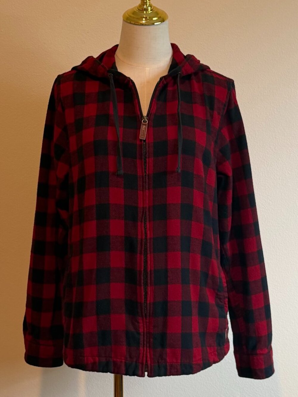 L.L. Bean Women's Red Buffalo Plaid Hooded Zip Shacket Jacket Size M - Picture 3 of 11